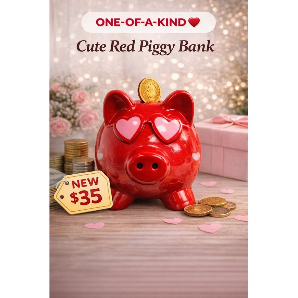 NEW One-of-a-Kind Red Piggy Bank ❤️ Heart Eyes | Cute Aesthetic Decor | Gift
